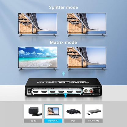 FERRISA 8K 4X2 HDMI Matrix 4 in 2 Out HDMI 2.1 Matrix HDMI Video Switcher Splitter +Optical & L/R Audio Output,Support 4K 120Hz,HDR10 HDCP2.3 Dol-by Vision Atmos SPDIF 5.1CH ARC CEC with IR Remote