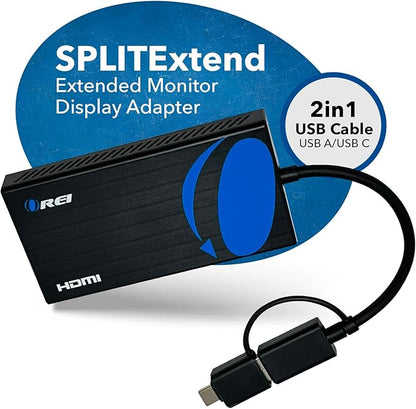 OREI SplitExtend HDMI Splitter Extended Display for Dual Monitor - Multi-Monitor Display 3 Separate Screens - USB A & USB-C Adapter to HDMI 2.0, 4K@30Hz Output 1, 1080p Output 2 for Windows, Mac OS G