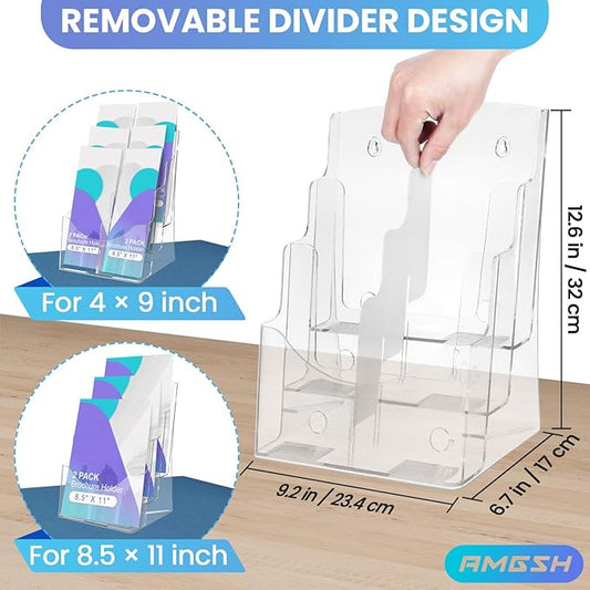 AMGSH 2 Pack 3 Tier Brochure Holder 8.5” x 11” - Acrylic Literature Holder with Removable Divider for 4” x 9” Brochure, Clear Flyer Holder Pamphlet Display Stand