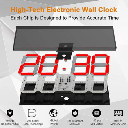 CHKOSDA LED Large Digital Wall Clock, Oversize Wall Clock with 6” Numbers, Remote Control Count up/Countdown Timer Clock, Auto Dimmer, Big Calendar and Thermometer(Red)