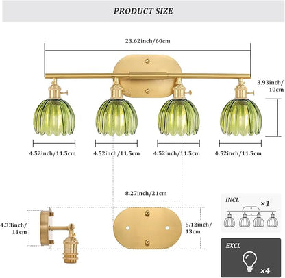 Shenmoyl Bathroom Light Fixtures, 4-Light Brass Vanity Wall Light Over Mirror with Green Tulip Glass Shade for Bedroom Living Room (Bulb Not Included)