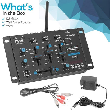 Pyle Wireless DJ Audio Mixer - 3 Channel Bluetooth Compatible DJ Controller Sound Mixer, Mic-Talkover, USB Reader, Dual RCA Phono/Line In, Microphone Input, Headphone Jack, Black - PMX8BU