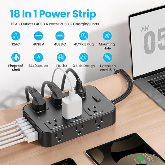 Solidock Flat Plug Power Strip Surge Protector with 12 AC Outlets 6 USB Ports 3 Side Multi Plug Outlet Extender 15 Ft Extension Cord for Home Office Kitchen Dorm Wall Desk Charging Station ETL Listed