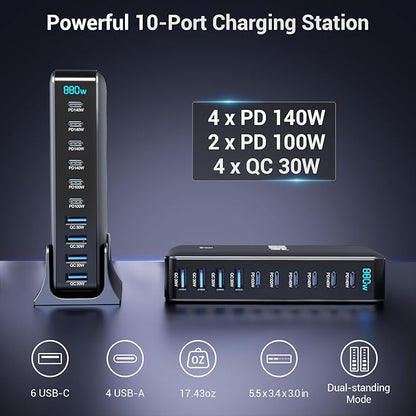 Zeroffi 880W USB C Charger Block, 10-Port USB Fast Charging Station Hub, Desktop Charging Station for Multiple Devices for MacBook Pro/Air, DELL, iPad, iPhone, Samsung Galaxy