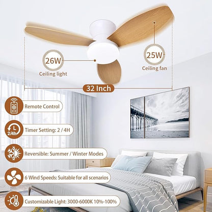 Glowall Small Ceiling Fan with Lights and Remote, 32 Inch Flush Mount, Small Quiet, DC Motor, Reversible Blades, 6 Wind Speeds, Dimmable LED, Adjustable Color Temperature, Timer