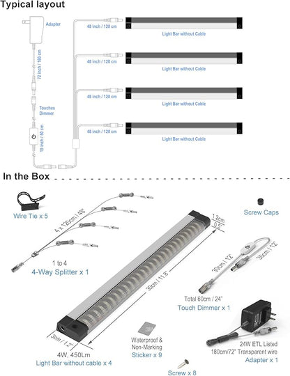 EBD Display Case Lights Ultra Bright Under Counter Lighting 4-Way Parallel Bookshelf Light Bar 4 Panels 1800 Lm 4500K for Kitchen Storage Pantry Garage Shelves Closet Shelf & Bookcase