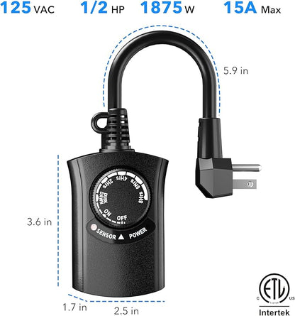 HBN Outdoor Light Timer Waterproof, Weatherproof Photocell Dusk to Dawn Light Sensor,2/4/6/8 Countdown Timer, 1 Grounded Outlet for Christmas Lights，Hallowen Deceration，1875W 15A 1/2HP