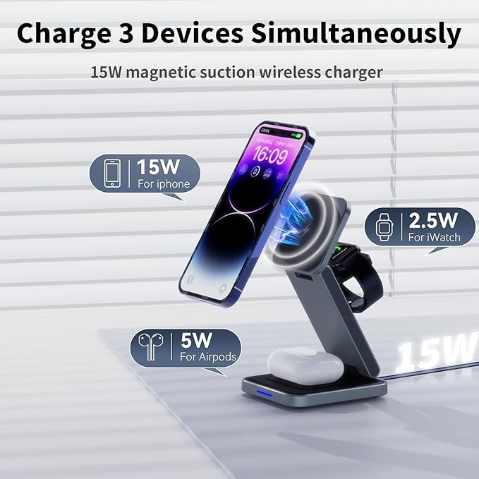 3 in 1 Magnetic Wireless Charger Station for iPhone 16/15/14/13/12 Series Mag-Safe Charging Station for Apple Watch Series 10-2/Ultra2/1/SE Foldable Wireless Charger for AirPods 4 3 2 1 Pro