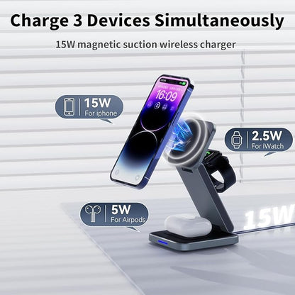 3 in 1 Magnetic Wireless Charger Station for iPhone 16/15/14/13/12 Series Mag-Safe Charging Station for Apple Watch Series 10-2/Ultra2/1/SE Foldable Wireless Charger for AirPods 4 3 2 1 Pro