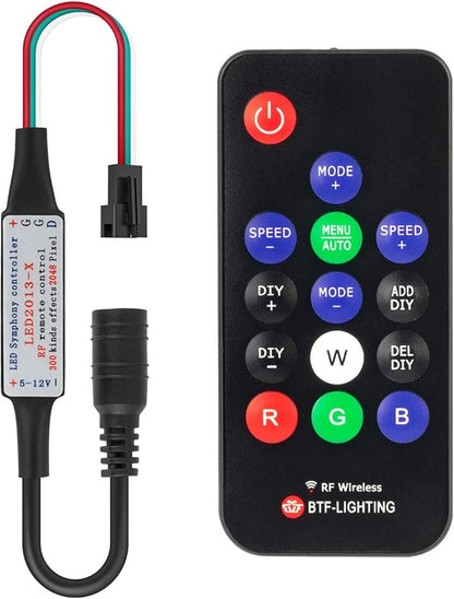 BTF-LIGHTING WS2811 WS2812B 1903 DC5/12V 14keys Wireless RF RGB LED Controller 300 Kinds of Changes Digital Color LED Pixel Strip modules Input=Ouput Voltage Perfect for DIY Project Black