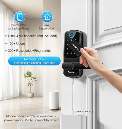 Aceele Keyless Entry Fingerprint Smart Door Lock, Built-in Wi-Fi, Electronic Lock for Front Door with Touch Digital Keypad and Handle, Automatic Door Knob for Apartment/Home/Bedroom(Black)