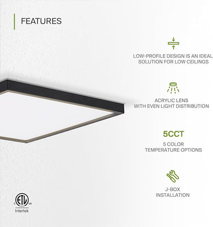 ASD LED 12" Square Flush Mount Ceiling Light Fixture, Low Profile Surface Lighting | 5CCT, Dimmable, Ultra-Thin, ETL Listed | 24W 1700LM 2700-6000K 120V | Kitchen, Bedroom Lamp | Black, 12 Pack