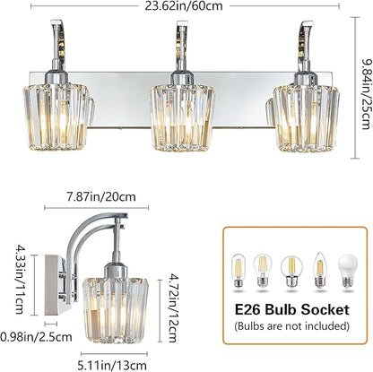 FDPBY Modern Bathroom Vanity Light, 3-Light Chrome Wall Sconce with Crystal Accents, Over Mirror Bathroom Lighting Fixture, 23.62" Long Dimmable Vanity Lamp for Makeup, Easy Installation