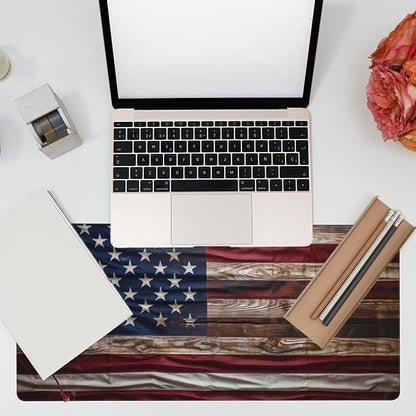 Eflxamz Large Gaming Mouse Pad for Desk,Wooden American Flag Desk Mat,Wooden USA Flag Desk Pad,Extended Big Computer Keyboard Mouse Pad with Non-Slip Base and Stitched Edge,35.4"x15.7"