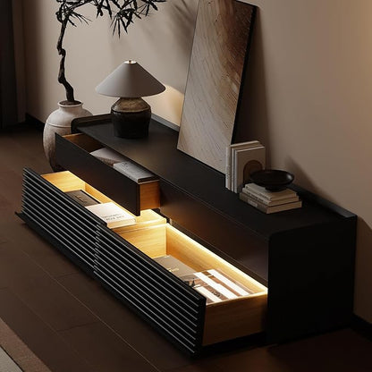 POVISON Fully-Assembled Mid Century Modern TV Stand, 78.74" Wood Media Console with Adjustable LED Light, Entertainment Center with Storage for Living Room