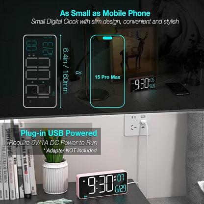 KOSUMOSU Alarm Clocks for Bedrooms, 6.7in Small Digital Clock, Auto Dimming, Room Temperature, Day of The Week, Date, Seconds, Digital Clocks for Living Room, Alarm Clock