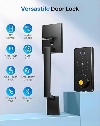 Smart Keyless Entry Door Lock Set w/Front Door Handle, 0.1s Fingerprint Biometric Unlock, APP/Passcodes/Cards Control, Auto Lock Keypad Deadbolt, Easy Install for Entry Bedroom