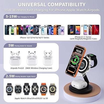 Charging Station for Apple Magsafe Wireless Charger iPhone Charging Station,15W 3 in 1 Foldable Apple Magnetic Wireless Charger for iPhone 17 Pro Max/16 Plus/16 ProMax/15/14/13,Apple Watch,AirPods Pro
