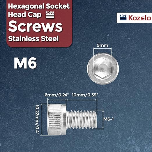 Kozelo 40pcs Socket Head Cap Screws - [M6-1 x 10mm] 304 Stainless Steel Allen Socket Drive for Electrical Motor 3D Printing Fan Engine Replacement Use, Silver