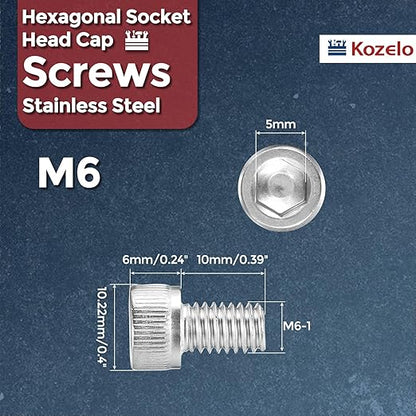 Kozelo 40pcs Socket Head Cap Screws - [M6-1 x 10mm] 304 Stainless Steel Allen Socket Drive for Electrical Motor 3D Printing Fan Engine Replacement Use, Silver