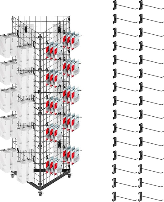 ztysn Grid Wall Panels Display Stand - 22"*66" Triangular Display Racks for Vendor Events with 30 Hooks, Art Display Panels Heavy Duty Floor Standing Movable Retail Display Stand