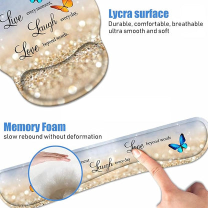 Keyboard Wrist Rest + Mouse Pad Wrist Support Set with Coasters, Non-Slip PU Base Ergonomic Mousepad for Home Office Working Studying Easy Typing & Pain Relief, Glitter Quote Live Laugh Love