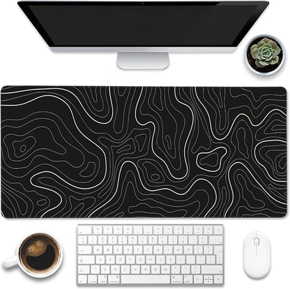Eflxamz Desk Mat,Black Topographic Contour Map Desk Pad,Topographic Contour Large Gaming Mouse Pad for Desk,Extended Big Computer Keyboard Mouse Pad with Non-Slip Base and Stitched Edge,35.4"x15.7"