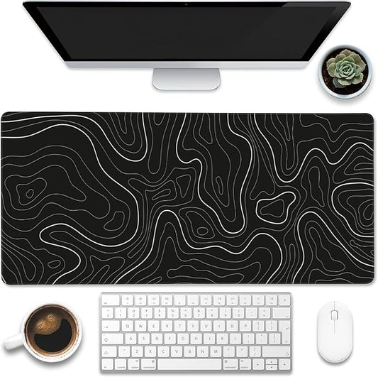 Eflxamz Desk Mat,Black Topographic Contour Map Desk Pad,Topographic Contour Large Gaming Mouse Pad for Desk,Extended Big Computer Keyboard Mouse Pad with Non-Slip Base and Stitched Edge,35.4"x15.7"