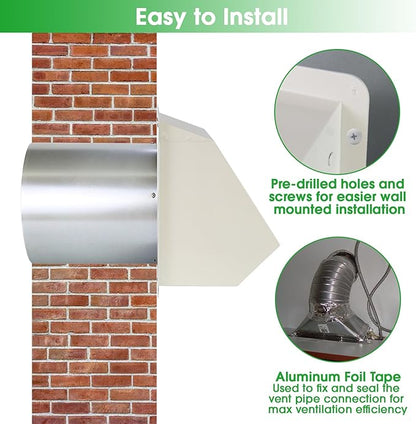12 Inch Hooded Wall Vent with Screen and Damper, Outdoor Wall Exhaust Vent Cover Cap for Duct Dryer Range Hood Exterior Heating Cooling Ventilation and Outside Air Exhaust, Galvanized Steel, White