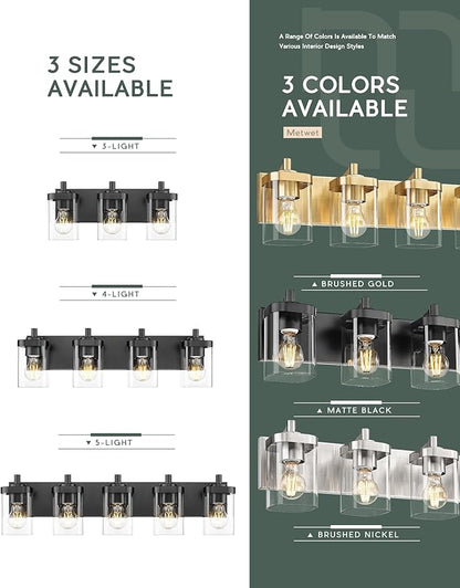 METWET Bathroom Light Fixtures, 5-Light 30" Vanity Light with Square Clear Glass Shade, Modern Matte Black Wall Sconces, Vanity Lighting Fixtures Over Mirror, VL194-MB-5