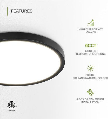 ASD LED 12" Round Flush Mount Ceiling Light Fixture, Low Profile Surface Lighting | 5CCT, Dimmable, Ultra-Thin, ETL Listed | 24W 2000LM 2700-6000K 100-277V | Kitchen, Hallway Lamp | Black, 12 Pack