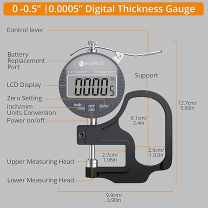 Neoteck Digital Thickness Gauge 0.5inch/12.7mm,0.0005inch/0.01mm LCD Display with Inch/MM Conversion One-Hand Quick Press Thickness Measuring Tool for Leather Paper Fabric Film etc.-Silver-Grey