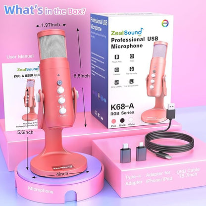 ZealSound USB Gaming Microphone for iPhone PC Type C Phone,Noise Cancellation,K66 RGB Condenser Mic with Controllable Led Lights,Echo,Touch Mute,Monitor,Gain for Podcast,Gaming,Podcasting,ASMR (Pink)