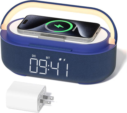 COLSUR Bluetooth Speaker Alarm Clock with Wireless Charger, FM Radio, Adjustable LED Night Light, 6 in 1 Bedroom Portable Speaker 2500mAh, Phone Stand for Bedside, Home, Office, Gift (Blue)