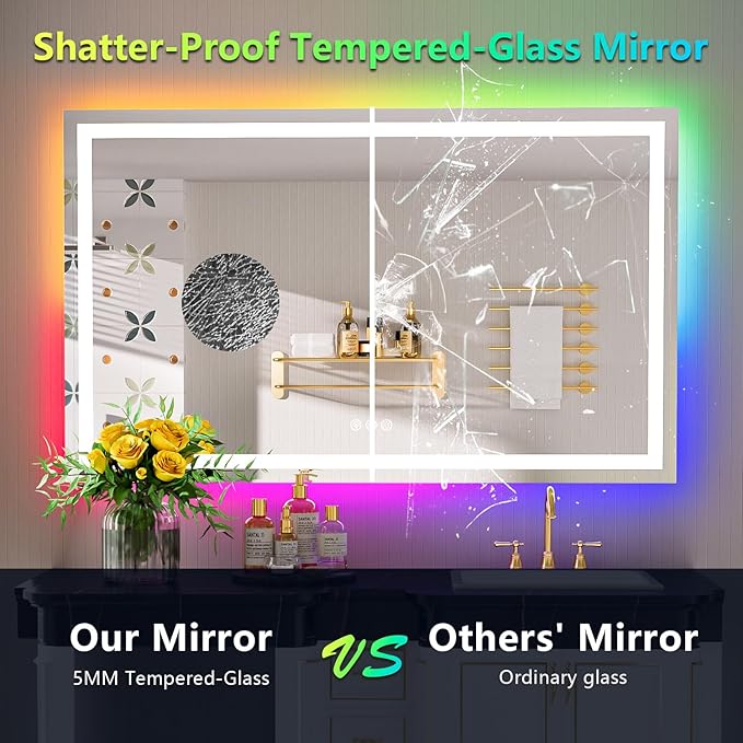 YEELAIT 55x36 Inch RGB LED Bathroom Mirror Front Light and RGB Backlit Lighted Vanity Mirror for Bathroom Wall Mounted Dimmable Anti Fog Memory Shatter-Proof IP54 Waterproof Horizontal/Vertical