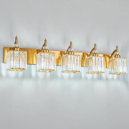 BBLLWJ 5-Light Crystal Vanity Lights - Gold, Modern Over-Mirror Bathroom Light Fixtures
