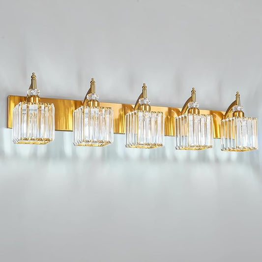 BBLLWJ 5-Light Crystal Vanity Lights - Gold, Modern Over-Mirror Bathroom Light Fixtures