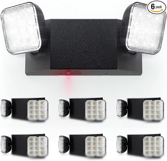 Sunco 6 Pack LED Emergency Lights, Commercial Lighting for Business, Power Outages, Offices, with Backup Battery (90 Minutes), Wall Mount, Hard Wired, Black, 120-277V, Fire Resistant (94V-0) UL.