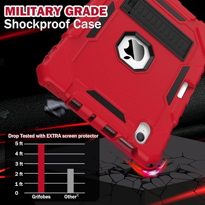 Grifobes Case for iPad Mini 7 (A17 Pro) 2024 / Mini 6 2021 8.3 inch, Heavy Duty Shockproof Rugged Cover with Pencil Holder Stand, for I Pad Mini 7th/6th Gen 8.3" Case for Kids Boys (Red+Black)
