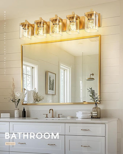 METWET Bathroom Light Fixtures, 30" Brushed Gold Vanity Light, 5-Light Modern Wall Sconces with Square Clear Glass Shade, Vanity Lighting Fixtures Over Mirror, VL194-BG-5