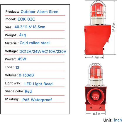 EOKHEOY Alarm Siren Waterproof Indoor/Outdoor Security Emergency Adjustable 130dB Loudest Sirens with Beacon Light Protective Net Plug for Factory, Office, Warehouse, School AC110-120V