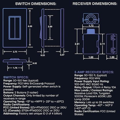 RunLessWire Fan & Light Battery-Free DIY Wireless Light Switch Kit 150ftRF Range Kinetic for Bathrooms & Ceiling Fans: 1 Dual Remote Switch Controls 2 5A On/Off Receivers Separately – White