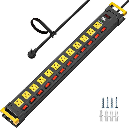 CRST 12 Outlet Heavy Duty Metal Power Strip with Individual Switches, 9FT Surge Protector Power Strip with Cord Managment, 15A/1875W 1020J Wide Spaced Outlets for Garage, Workshop, Home, School