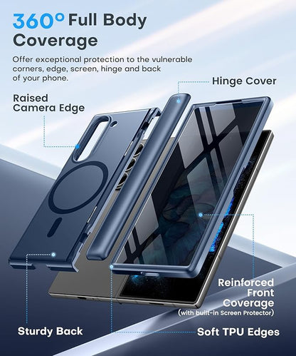 BERFY Magnetic for Samsung Galaxy Z Fold 6 Case with Privacy Screen Protector, [Compatible with MagSafe][Anti Spy] Built-in Hidden Kickstand, Full-Body Shockproof Slim Phone Case for Z Fold 6, Blue