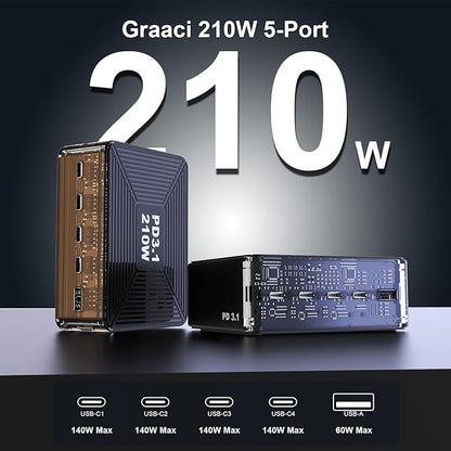 210W USB C Charger, Graaci GaN 5-Port PD3.1 140W 100W PPS Fast Charging Station, Type C Laptop Wall Charger Power Adapter for MacBook Pro/Air M2, iPhone 15 Pro, Galaxy S23 Ultra, Pixel 8, Steam Deck