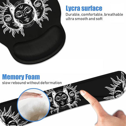 Keyboard Wrist Rest + Mouse Pad Wrist Support Set with Coasters, Moon and Sun with Many Fractal Faces Celestial Energy Mystic Art Wrist Mouse Pad with Non-Slip PU Base for Home Office Working Studying