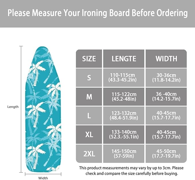 ZCFYGDX Ironing Board Covers,Elastic Edge 3 Bottom Nylon Buckle Straps, Stain Resistant & Resistant Scorch, Easy to Installation Fasteners Minimalist Palm Leaf Print Decor Size-L 17 x 49