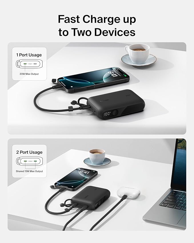 Belkin Portable Charger, Slim USB-C Power Bank 10,000mAh w/ 2 USB-C Ports, Digital Battery Display, 20W Charging Battery Pack - iPhone 17, Air, Pro, Samsung Galaxy S25, Pixel 10, iPad, & More - Black