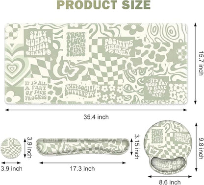 Large Desk Mat, Beige Gaming Mouse Pad, Desk Pad Protector, XXL Mousepad + Keyboard Wrist Rest+Mouse Wrist Rest+Coaster Set with Ergonomic Desk Pad for Home Office PC Computer, Retro Boho Aesthetic