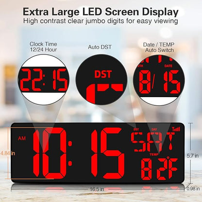 XREXS Large Digital Wall Clock WiFi Sync, 16.5 in Large Display Wall Clock with Temperature/Date/Week, LED Big Digital Timer Clock with Remote Control, Alarm Clock for Home and Office, Auto-dimming